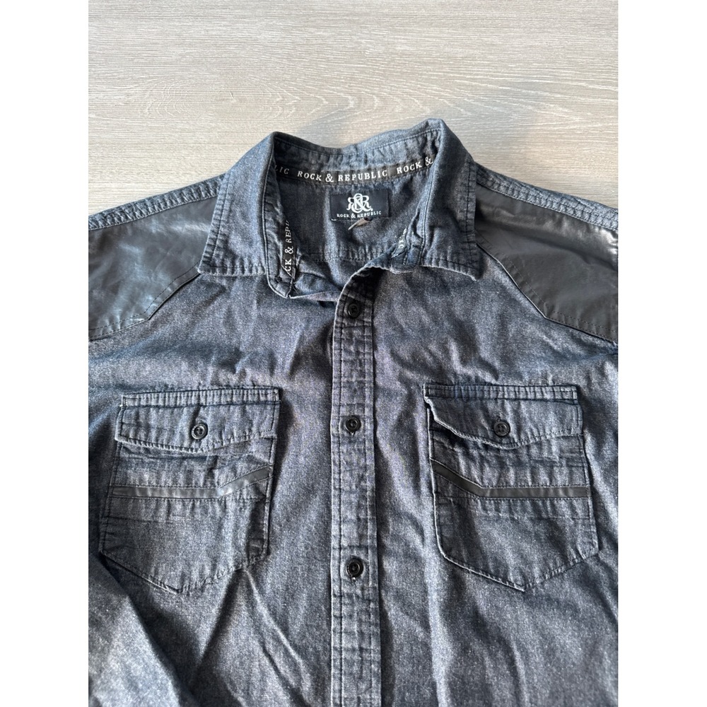 Rock & Republic Denim Shirt Mens Large Long Sleeve Button Up Faux Leather Gray
